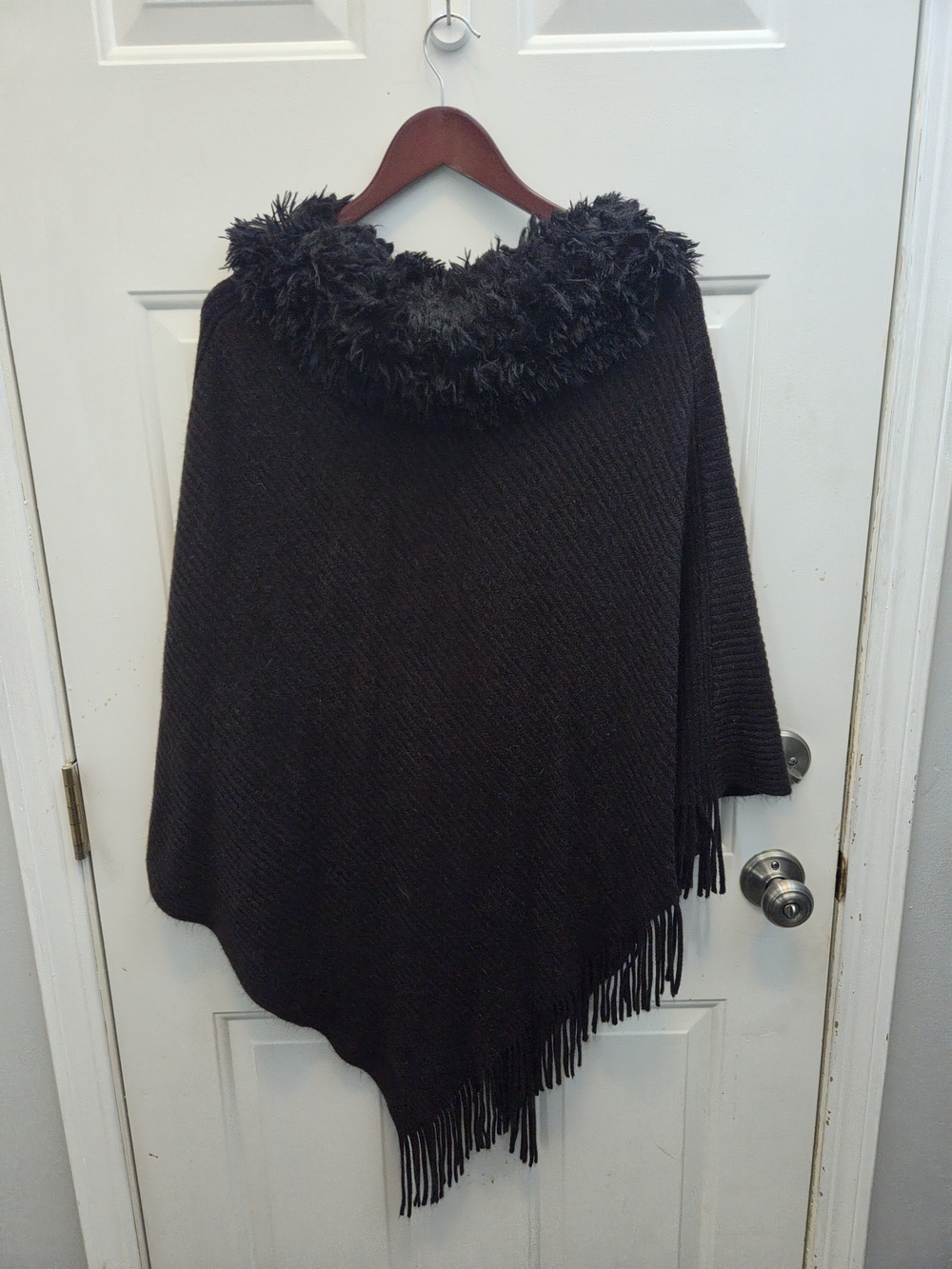 Steve Madden Black Fringe Poncho with Faux-Fur Collar